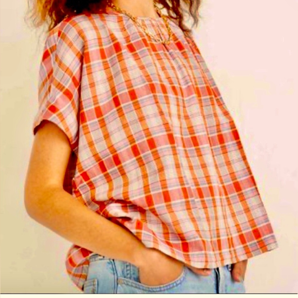 Madewell Orange Pink plaid Loose Relaxed fit Box Top Blouse Women’s XS x small